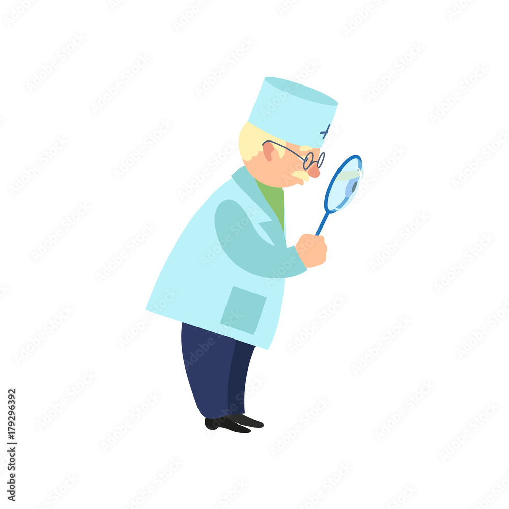 vector flat stylized adult male grey-haired doctor, head physician in medical clothing uniform holding big magnifying glass. Isolated illustration on a white background. vector flat stylized adult male grey-haired doctor, head physician in medical clothing uniform holding big magnifying glass. Isolated illustration on a white background.