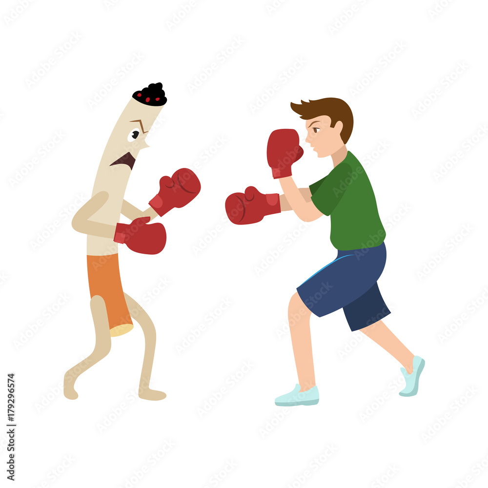 Young man fighting a huge evil cigarette in box gloves, resisting or quitting smoking habit concept, cartoon vector illustration isolated on white background. Giant cigarette scaring fighting with man Young man fighting a huge evil cigarette in box gloves, resisting or quitting smoking habit concept, cartoon vector illustration isolated on white background. Giant cigarette scaring fighting with man