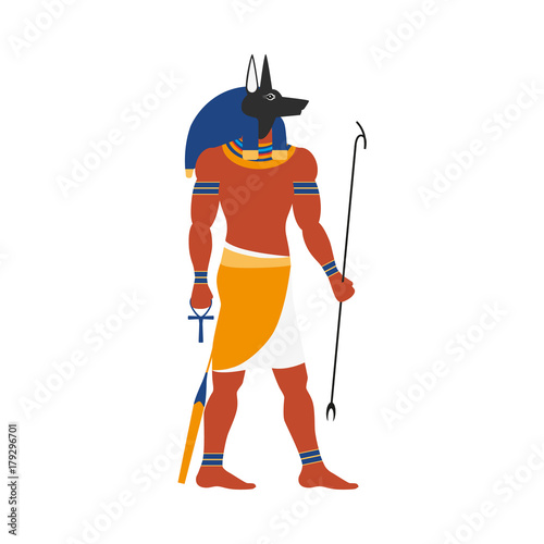 vector flat Anubis - ancient god of egypt with head of jackal or dog and human body icon. Conductor of the dead into the afterlife. Isolated illustration on a white background.