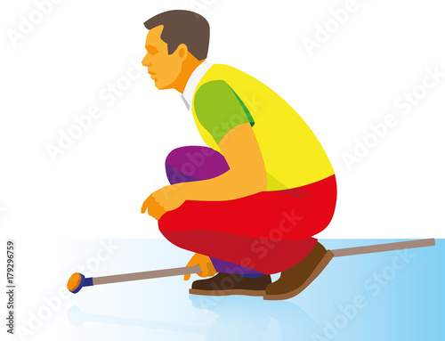 The player in curling watches an ice-sliding heavy disk of stone