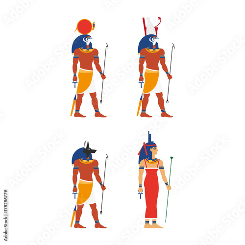 vector flat egypt gods, goddess set. Anubis - ancient god of egypt with head of jackal or dog, Amon-Ra - supreme god of sun, Horus - god of sky and Isis icon. Isolated illustration on white background