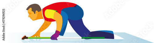 A young player in curling watches a sliding heavy disk of stone, which he throwing