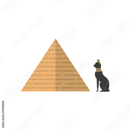 vector flat big egypt pyramid and sacred black cat icon. Ancient stone building - shrine or tomb of pharaohs. Isolated illustration on a white background.