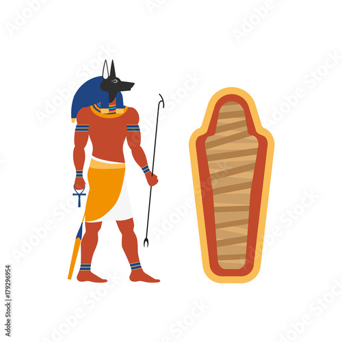vector flat Anubis - ancient god of egypt with head of jackal or dog and human body and empty sarcophagus icon. Conductor of the dead into the afterlife. Isolated illustration on a white background.