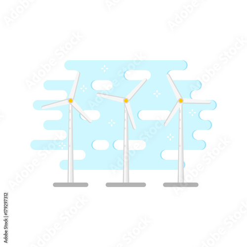 vector flat windmill, wind turbines icon. Generator of renewable green ecological bio friendly alternative energy. Isolated illustration on a white blue abstract background.