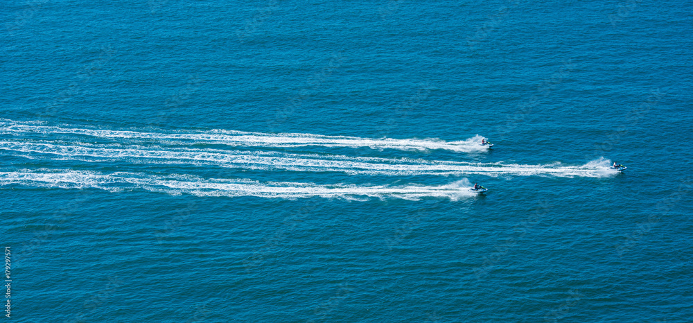 Aerial flying view of jet ski riding in Normandie, France