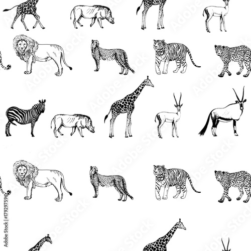 Seamless pattern of hand drawn sketch style animals. Vector illustration isolated on white background.