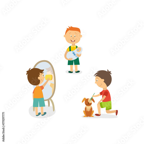 Funny little boy nursing his little sibling, washing mirror, grooming a dog, cartoon vector illustration isolated on white background. Little boy babysitting, cleaning house, grooming his puppy