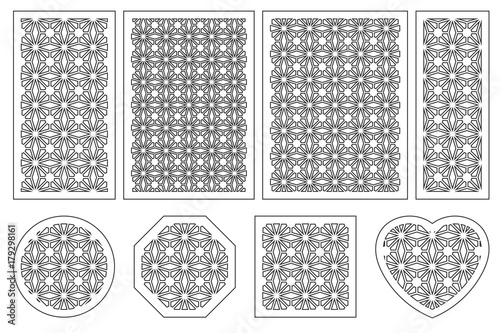Set cards cut. Vector panels laser cutting. Ratio 1:2, 2:3, 3:4, 1:3, round, octagon, square, heart. Cut silhouette geometric patterns. Used openwork, partitions, panel, printing, laser cut, stencil