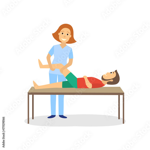 Medical rehabilitation, treatment, physical therapy for disabled patient, cartoon vector illustration on white background. Medical rehabilitation, physical therapy, remedial gymnastics, massage