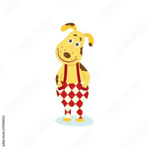 vector cartoon stylized humanized dog character. Male spotted yellow colored animal standing smiling in funny pants pants in rhombus on suspenders smiling. isolated illustration on a white background.