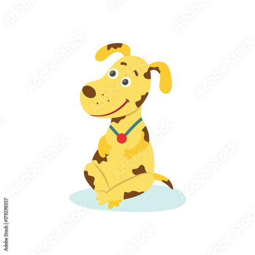 vector cartoon stylized humanized dog character. Male spotted yellow colored animal with dog tag, pendant sitting at floor smiling. isolated illustration on a white background.