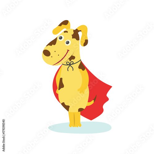 Cute funny puppy, dog character in red superhero cape, cartoon vector illustration isolated on white background. Portrait of happy comic style cartoon smiling dog, puppy in red superhero cape