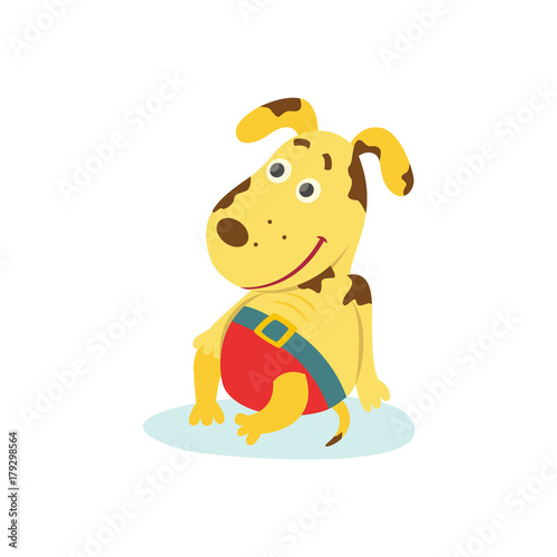 Wallpaper Mural Cute funny puppy, dog character in swimming pants sitting on the beach, cartoon vector illustration isolated on white background. Happy smiling dog, puppy in swimming pants relaxing on the beach Torontodigital.ca