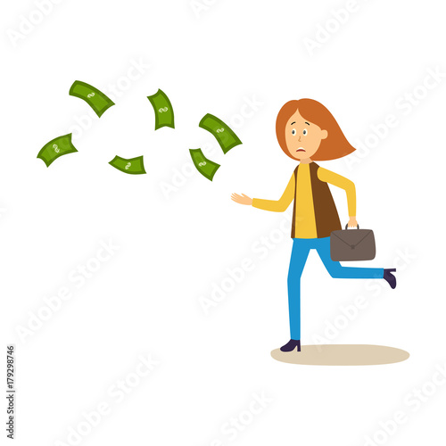 Sad, upset woman running after money flying away, cartoon vector illustration isolated on white background. Stressed woman try to grab flying money, earning, wealth, spending concept