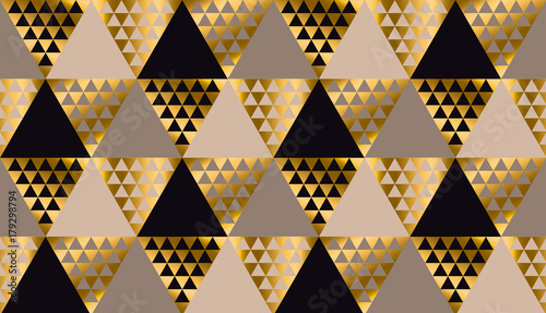 Luxury geometry black, gold and beige seamless vector illustration. Concept triangle geometric pattern for card, invitation, header print and web design, wrapping paper, fabric..