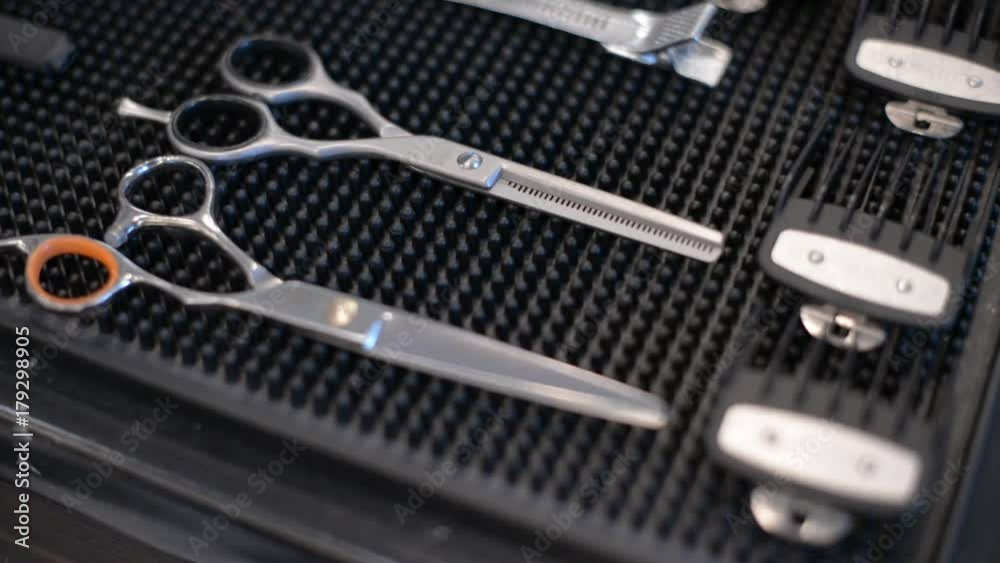 Barber work tools. Scissors, shaver. Barber work tools. Scissors, shaver.