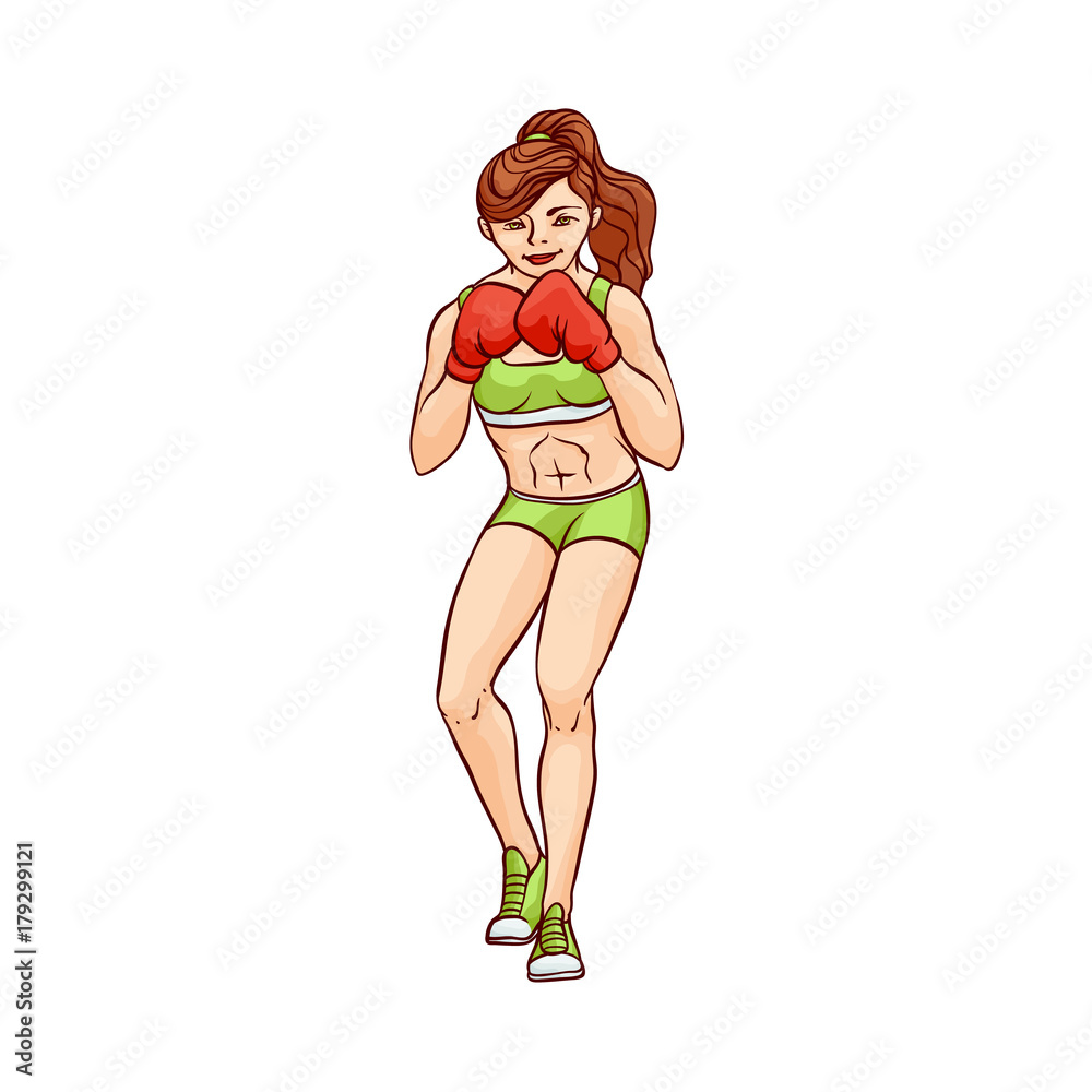 vector cartoon muscular strong cute beautiful woman, girl in boxing stand  with red box gloves in fighting position. Isolated illustration on a white  background. Stock Vector | Adobe Stock