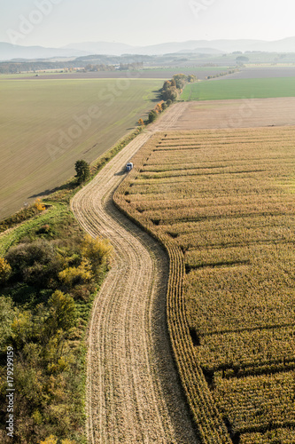 aerial view of the combine on the harvest field