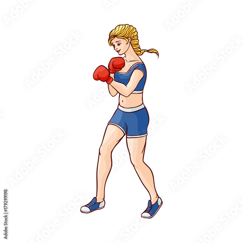vector cartoon muscular strong cute beautiful woman, girl in boxing stand with red box gloves in fighting position. Isolated illustration on a white background.