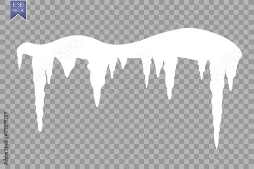 Set of snow icicles, snow cap isolated on transparent background. Snowy elements on winter background. Vector template in cartoon style for your design.

