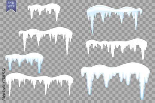 Set of snow icicles, snow cap isolated on transparent background. Snowy elements on winter background. Vector template in cartoon style for your design.

