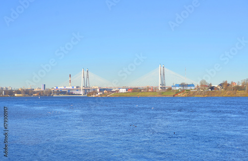 Cable stayed bridge and Neva river. © konstan