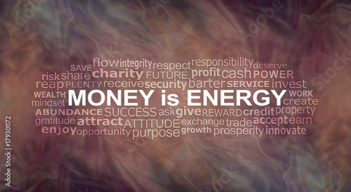 Photos Money IS energy Word Cloud - a warm flowing energy formation background with a M