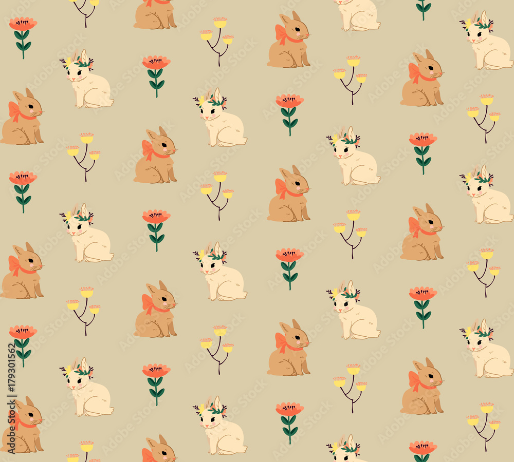 Seamless rabbit and flower pattern isolated on background. Vector illustration Seamless rabbit and flower pattern isolated on background. Vector illustration