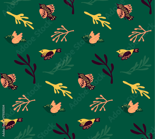 Seamless bird and flower pattern isolated on background. Vector illustration