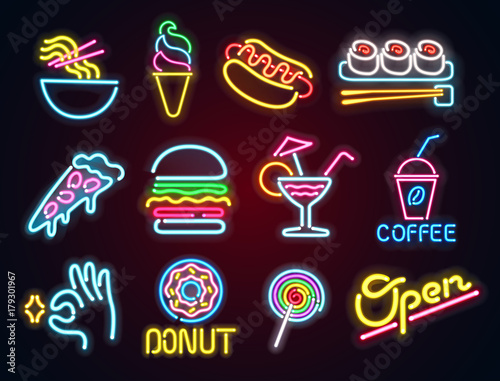 Set food and drink neon sign. Neon sign, bright signboard, light banner. Vector icons