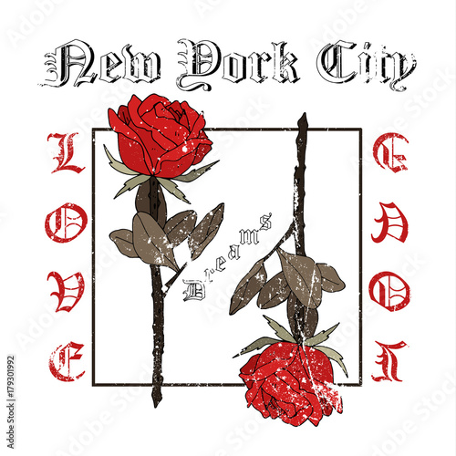 Rock and roll roses. Typography graphic print, fashion drawing for t-shirts.Vector Illustration in modern style for clothes.