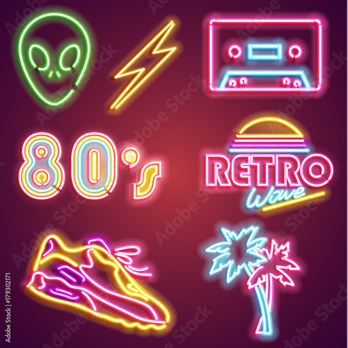 Set retrowave neon sign. Neon sign, bright signboard, light banner. Vector icons