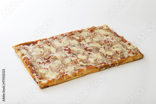 pizza speck and brie on white background