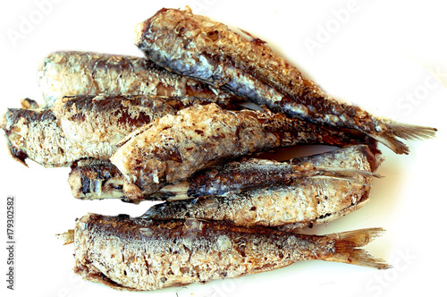 fried fish sardines isolated on white background