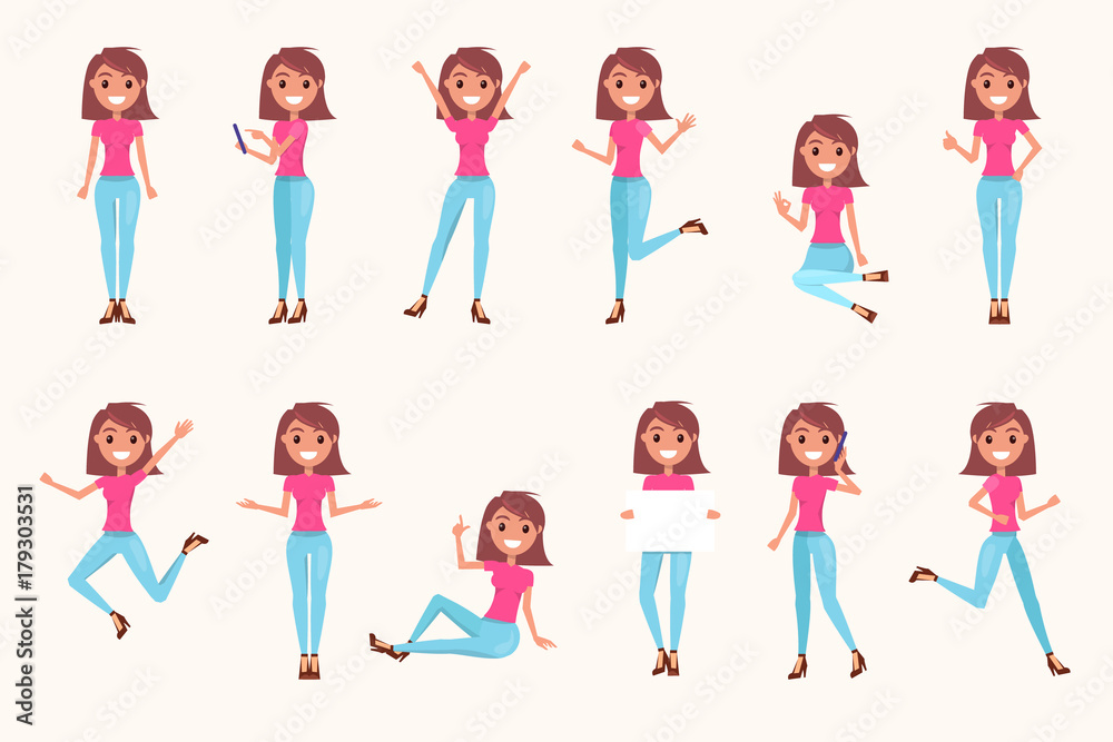 Female Character in Various Poses Illustrations