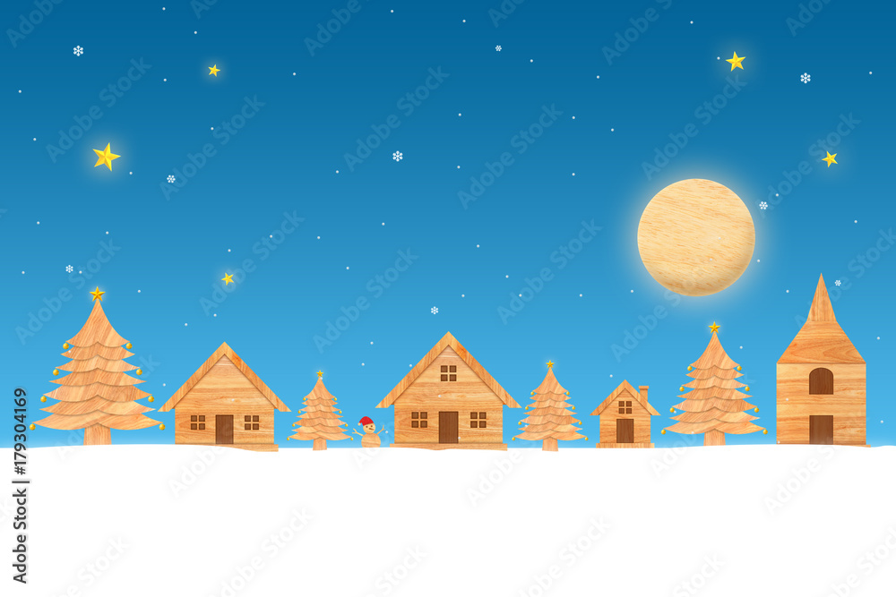 Merry christmas and Happy new year season made from wood with decorations art and craft style, illustration. Landscape forest with christmas tree and house in night time with snowfall