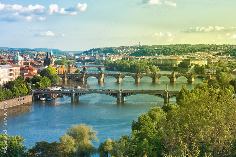 Prague Bridges and Vltava River in the Summer. Czech Republic.