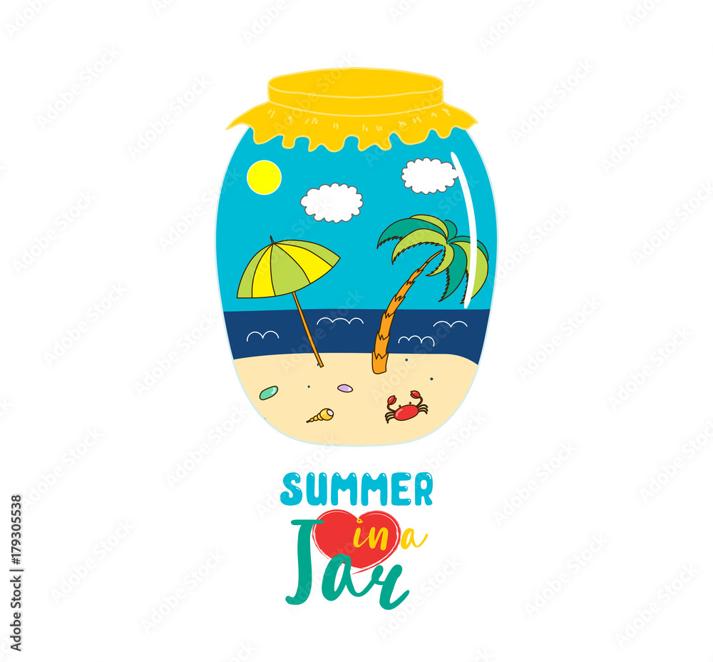 Naklejka premium Hand drawn vector illustration of a beach landscape with umbrella, palm, in a glass jar, with text Summer in a jar. Isolated objects on white background. Design concept kids, card, motivational poster