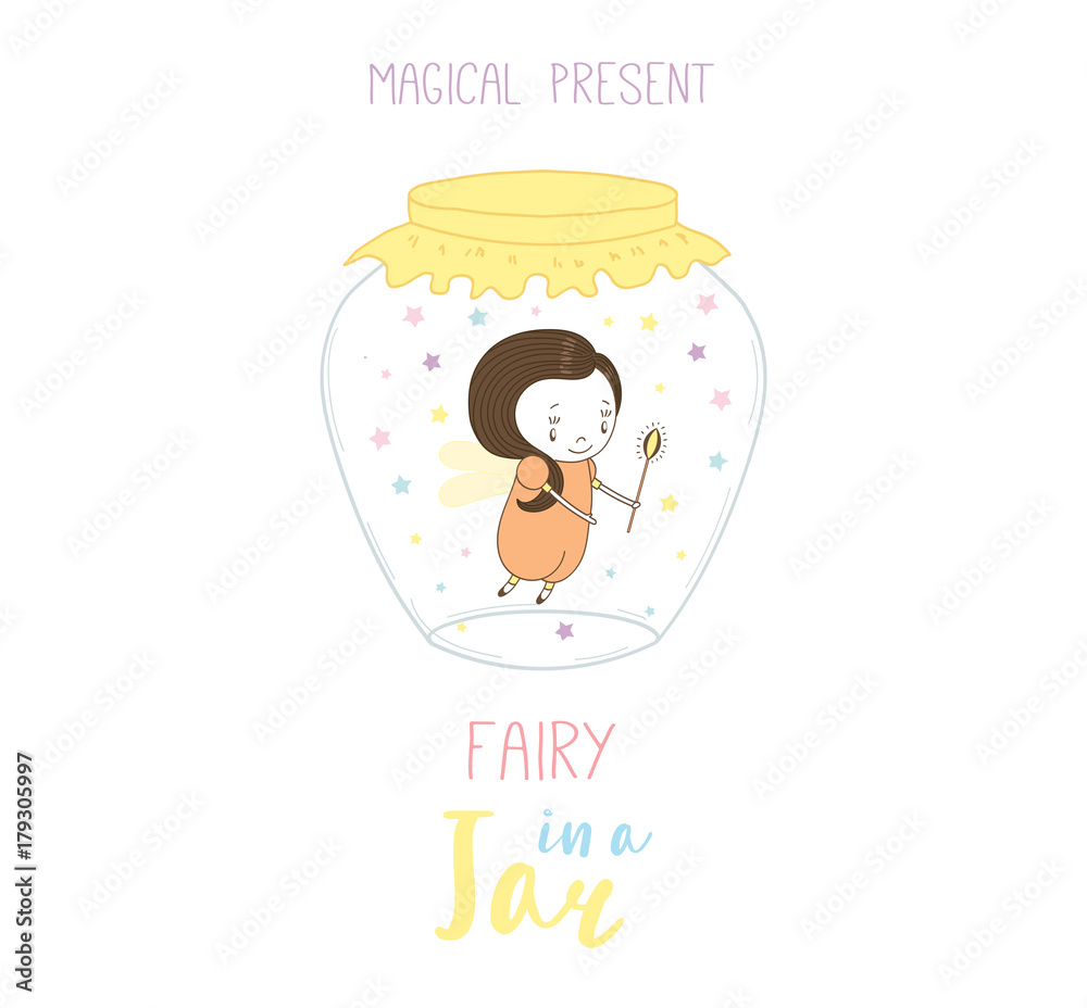 Obraz premium Hand drawn vector illustration of a cute funny cartoon fairy in a glass jar, with text Magical present. Isolated objects on white background. Design concept kids, greeting card, motivational poster.
