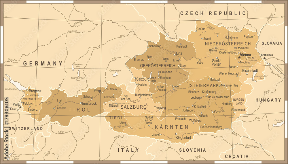 Fototapeta premium Austria Map - Vintage Vector Illustration