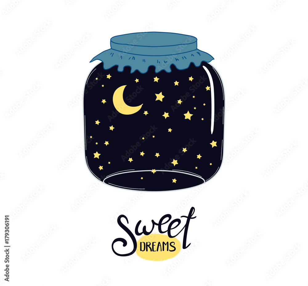 Hand drawn vector illustration of a night sky with crescent moon and ...