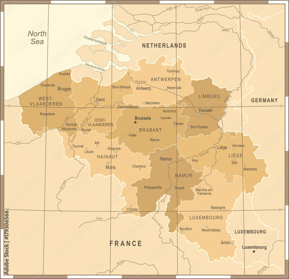 Fototapeta premium Belgium Map - Vintage Vector Illustration
