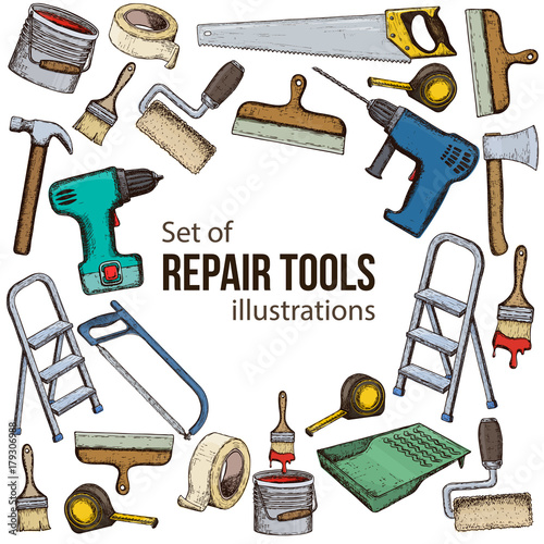 Set of building repair tools, colorful sketch illustration of repair tool. Vector