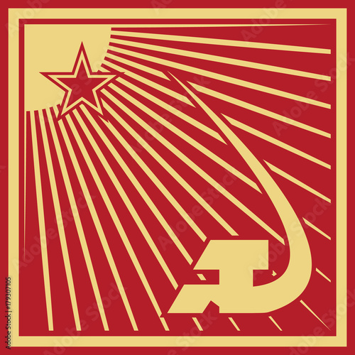 Vintage revolution USSR poster, with sunlights and hammer and sickle