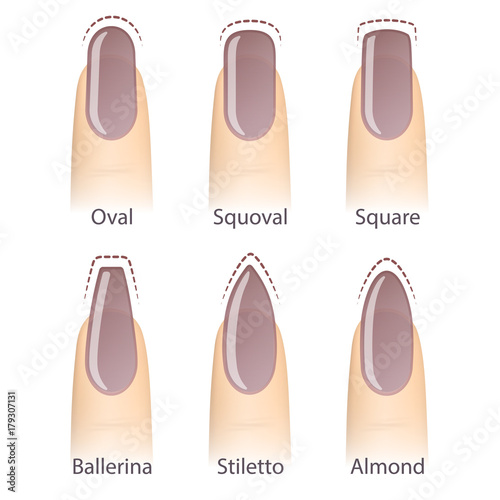 Nail manicure, set of nails shapes - oval, square, almond, stiletto, ballerina squoval Vector