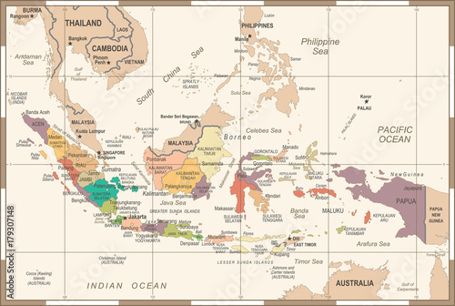 Indonesia Map - Vintage Vector Illustration