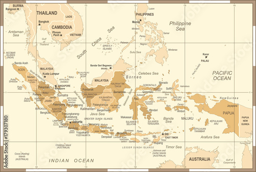 Fototapeta Naklejka Na Ścianę i Meble -  Indonesia Map - Vintage Vector Illustration