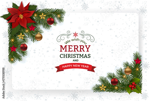 Christmas background with decoration and paper. Decorative Christmas festive background with Christmas flowers, balls stars and ribbons.