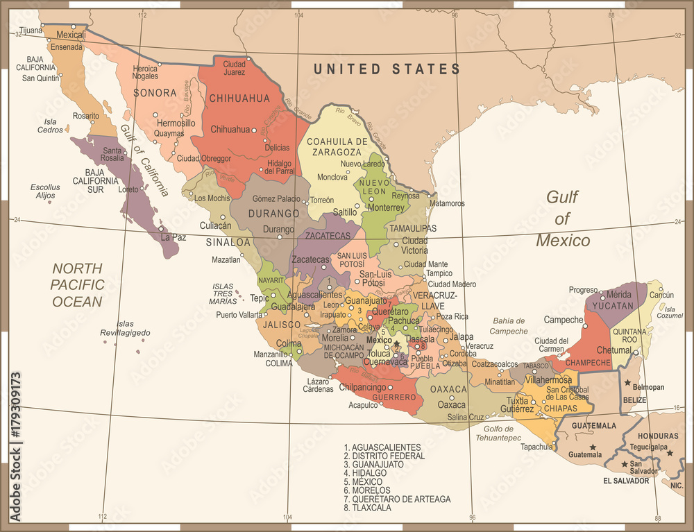 Mexico Map - Vintage Vector Illustration